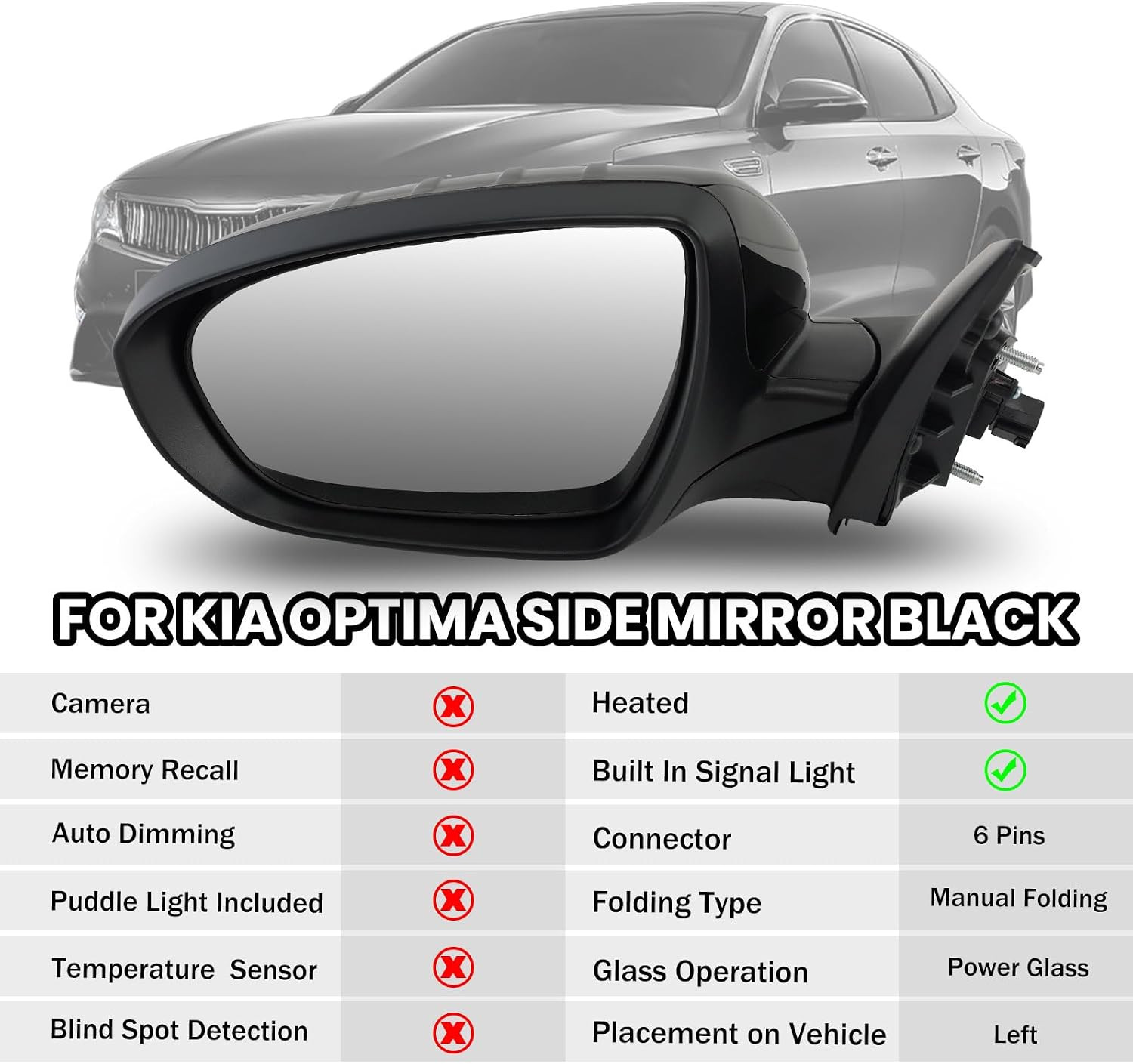 Left Driver Mirror Compatible with 2014 2015 Kia Optima Mirrors with Heated,Turn