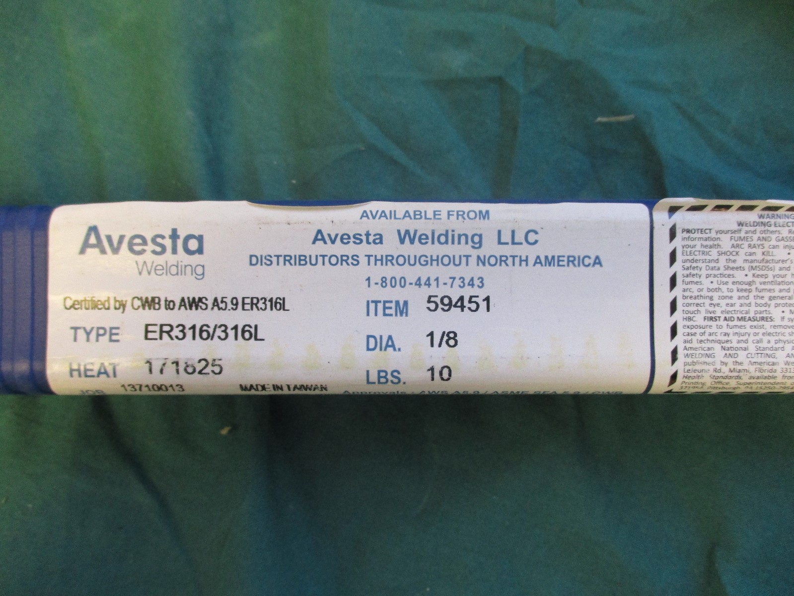 AVESTA STAINLESS ER316/316L, 1/8 X 36″. 10 LB TIG ROD, SEALED TUBE,