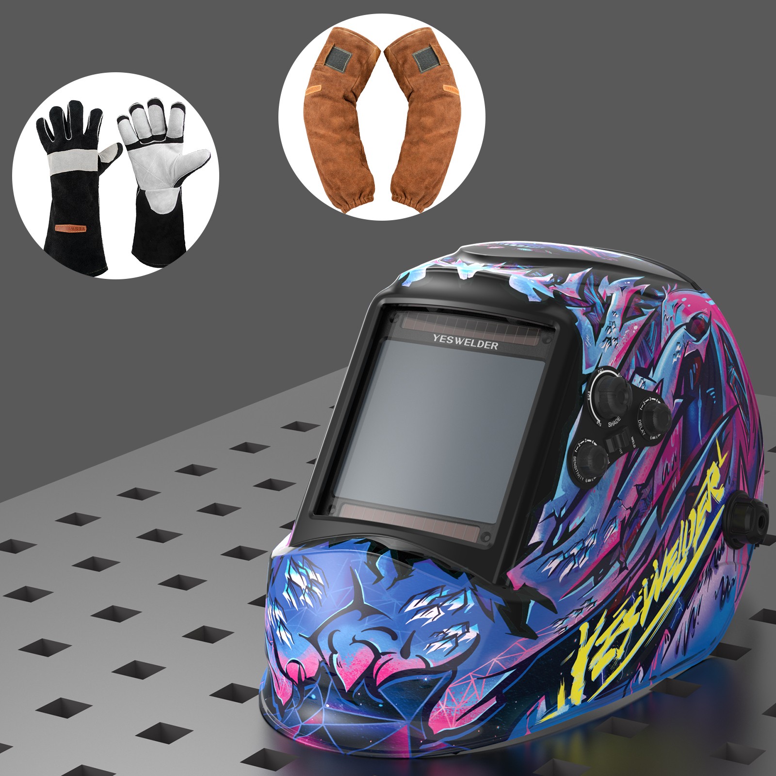 Auto Darkening Welding Helmet 1/1/1/1 4Sensor TIG MIG ARC +Gloves +Sleeves