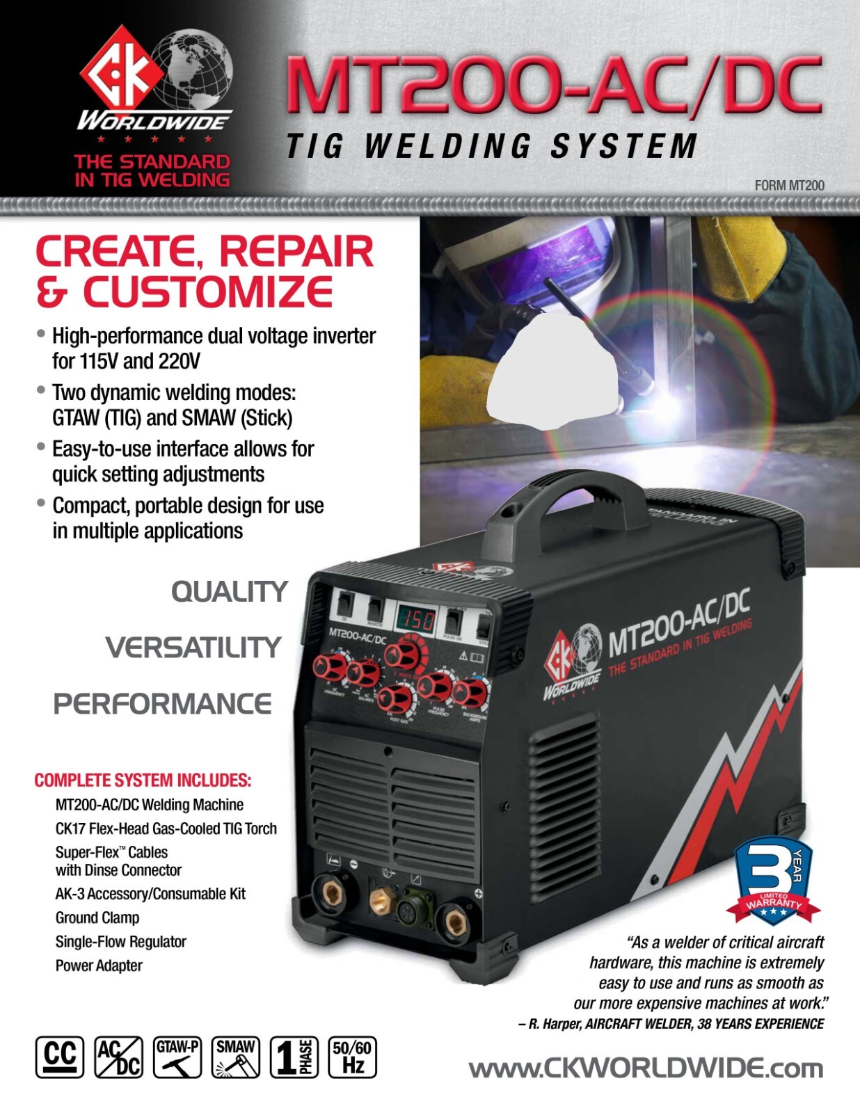 CK Worldwide MT200 AC/DC TIG Welding Machine With Flex Head