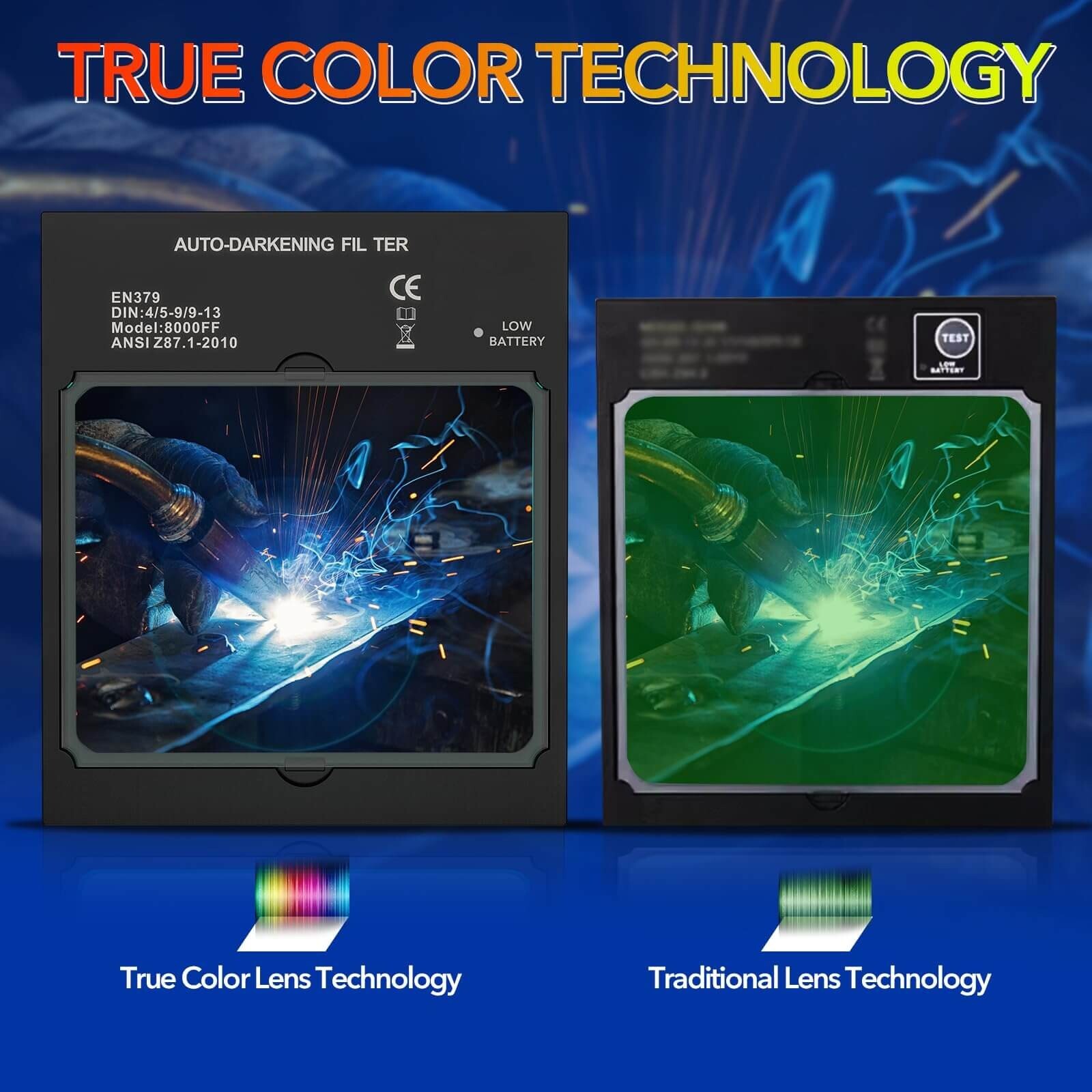 TRQWH Auto Darkening Welding Helmet True Color Solar & 3 Pcs Welding Caps