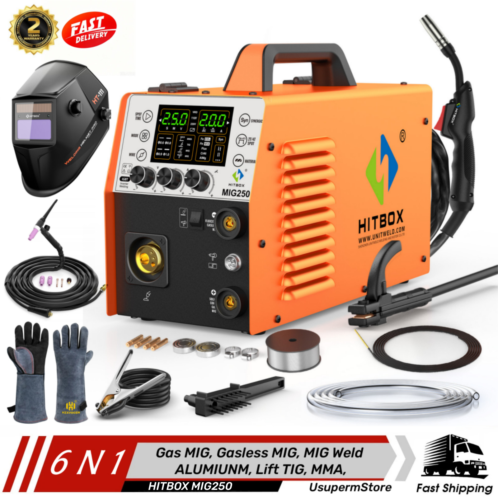 6IN1 MIG Welder 250Amp 230V Aluminum MIG Gas Gasless MIG ARC Welding Machine Set