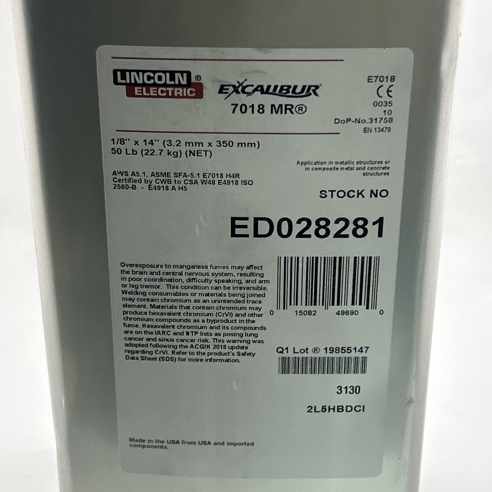 LINCOLN ELECTRIC ED028281 Stick Electrode,E7018 H4R,1/8″,50 lb 12C109 (New OPEN)