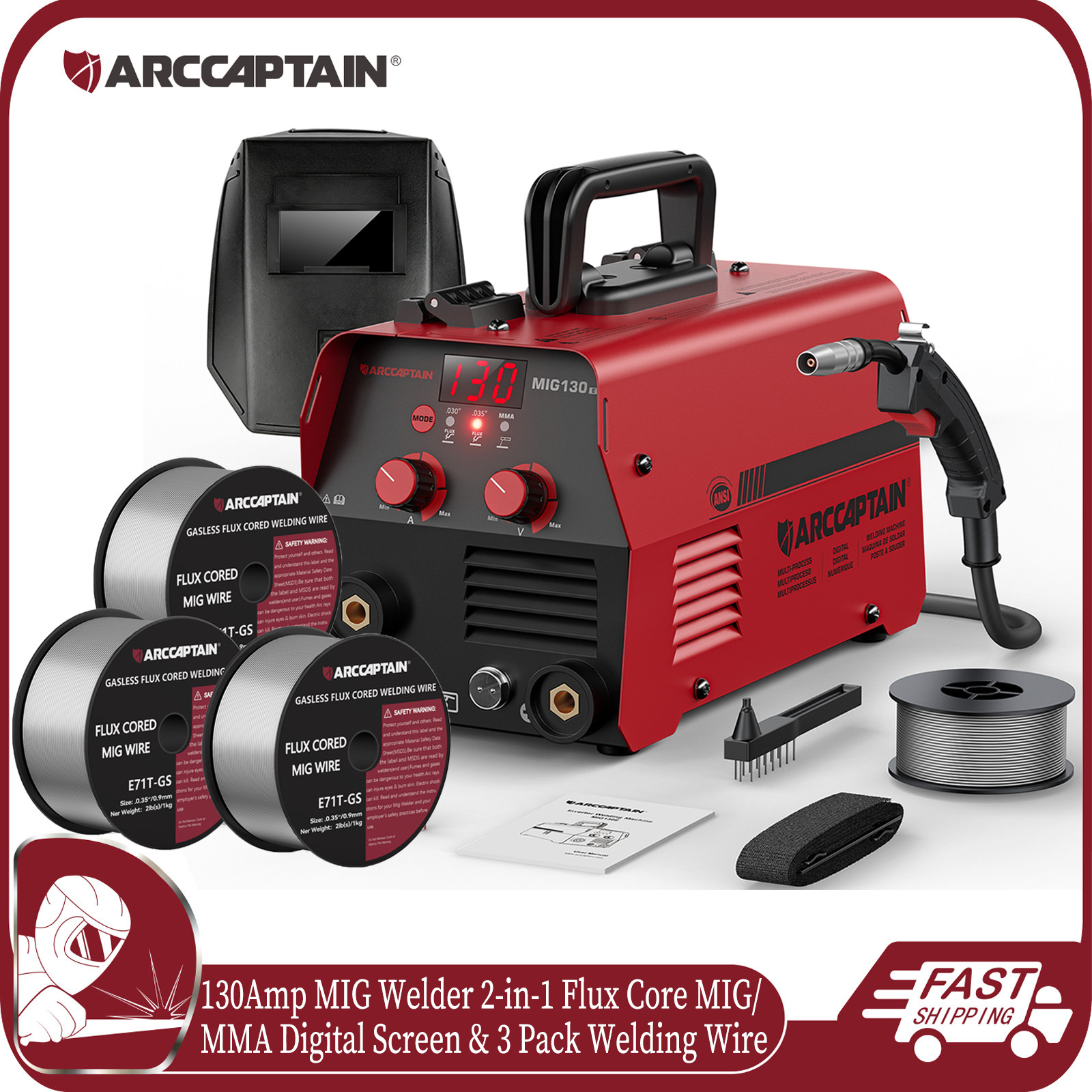 ARCCAPTAIN 130A MIG Welder 2 In 1 Digital Flux Core MIG/MMA & 3X Welding Wire US