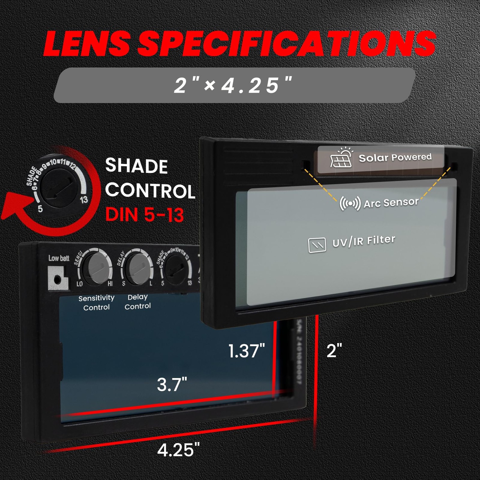2×4.25 Auto Darkening Welding Lens – Shade 5-13 Adjustable color 5-13, Hd