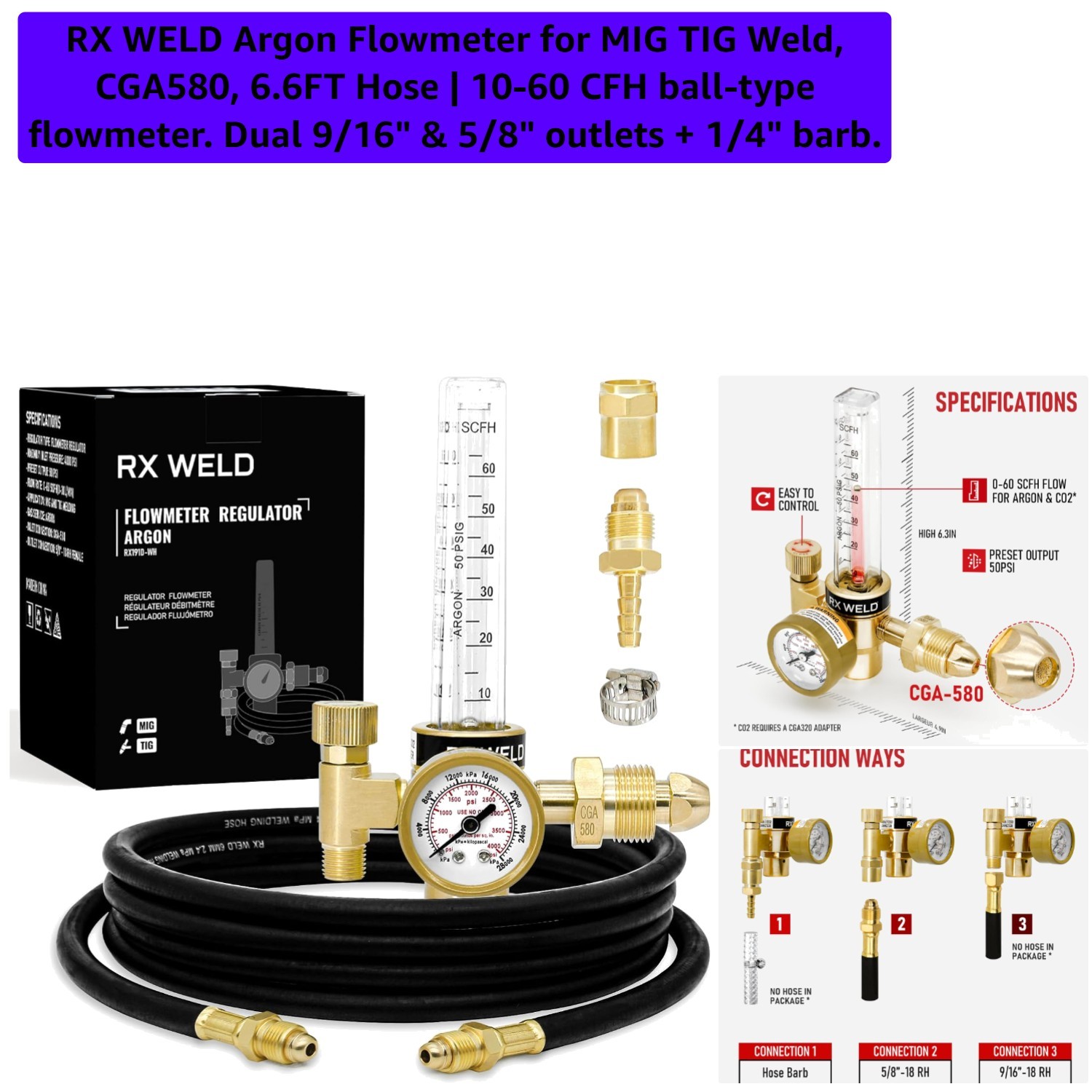 Precision Argon Flowmeter for MIG TIG Welding – 6.6FT Hose, Dual Outlets