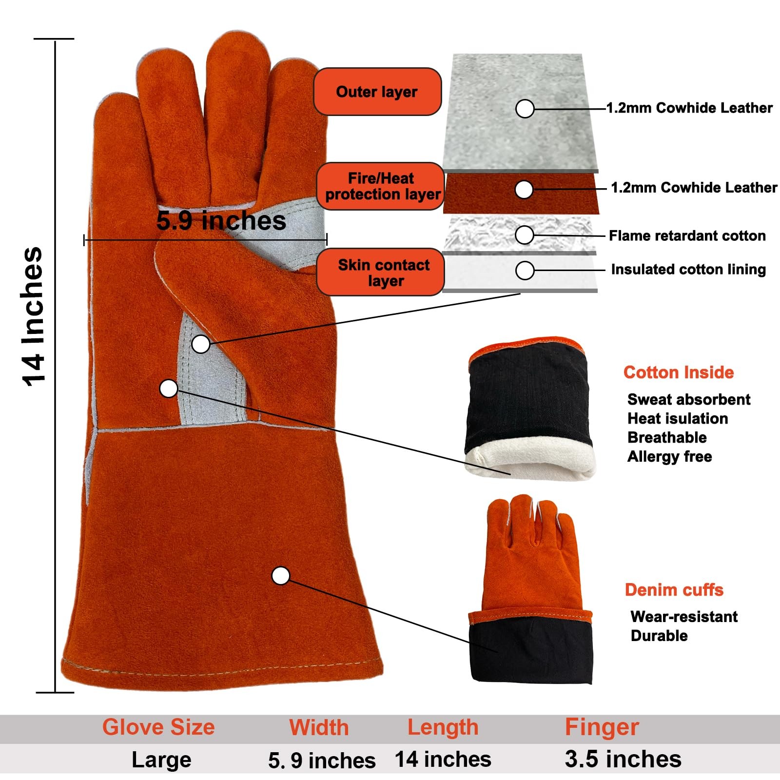 PerfeSafe Welding Gloves 14 Inches, 932℉ Heat Fire Large, 14 Inches Red
