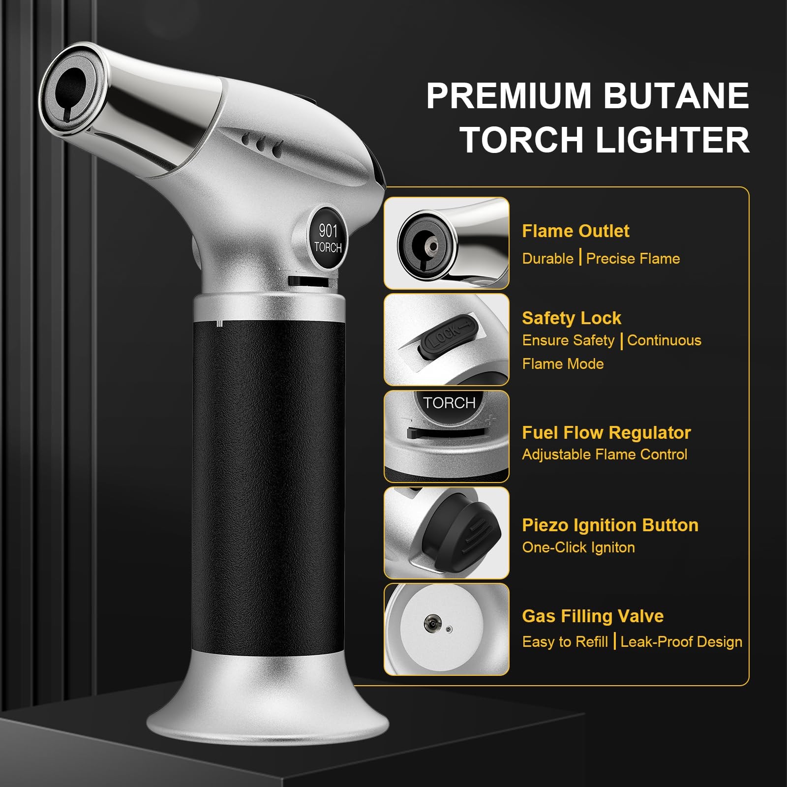 TBTEEK Butane Torch, Kitchen Torch Cooking Black-Sliver, Silver-black