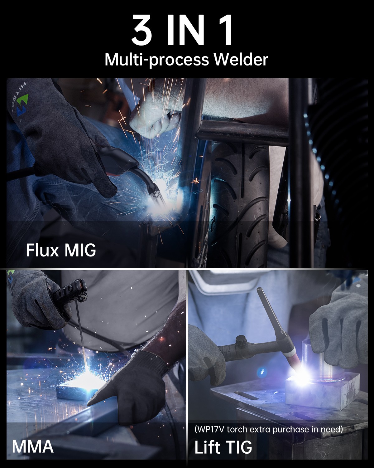 3in1 HBM1200 MIG TIG Welder Gasless Inverter 110/230V Stick TIG &Welding Helmet