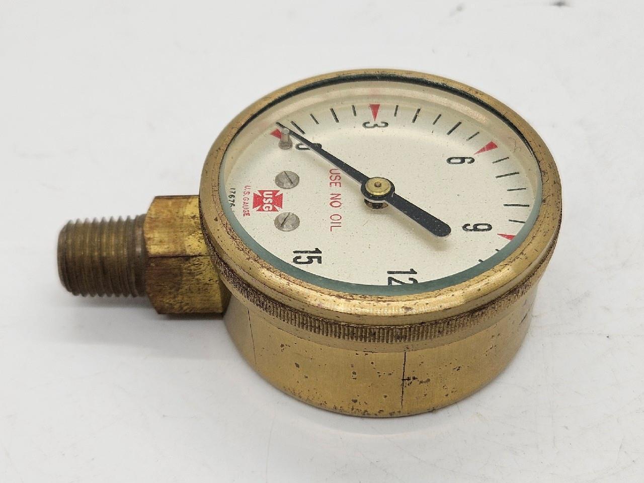 NOS Acetylene Gauge, Low Pressure, 2-Inch, 1/4″ NPT, 0-15 PSI, Brass Body, Glass