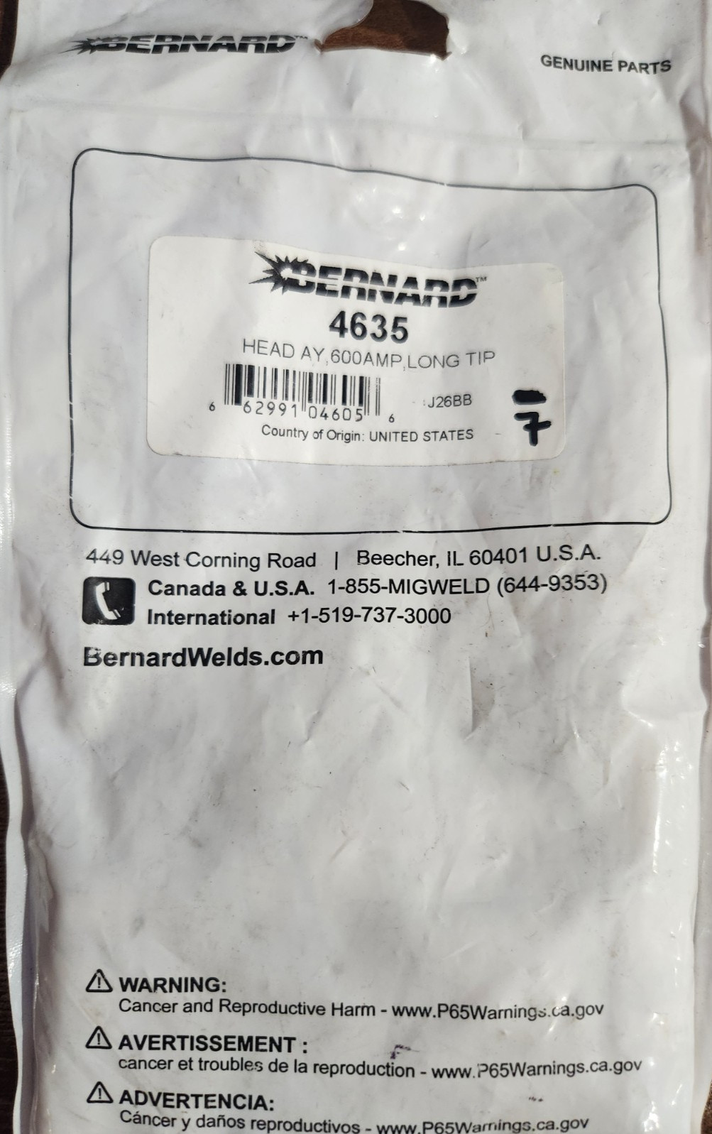 Bernard 4635 HEAD ASSEMBLY, 600AMP, LONG TIP, 7/PACK
