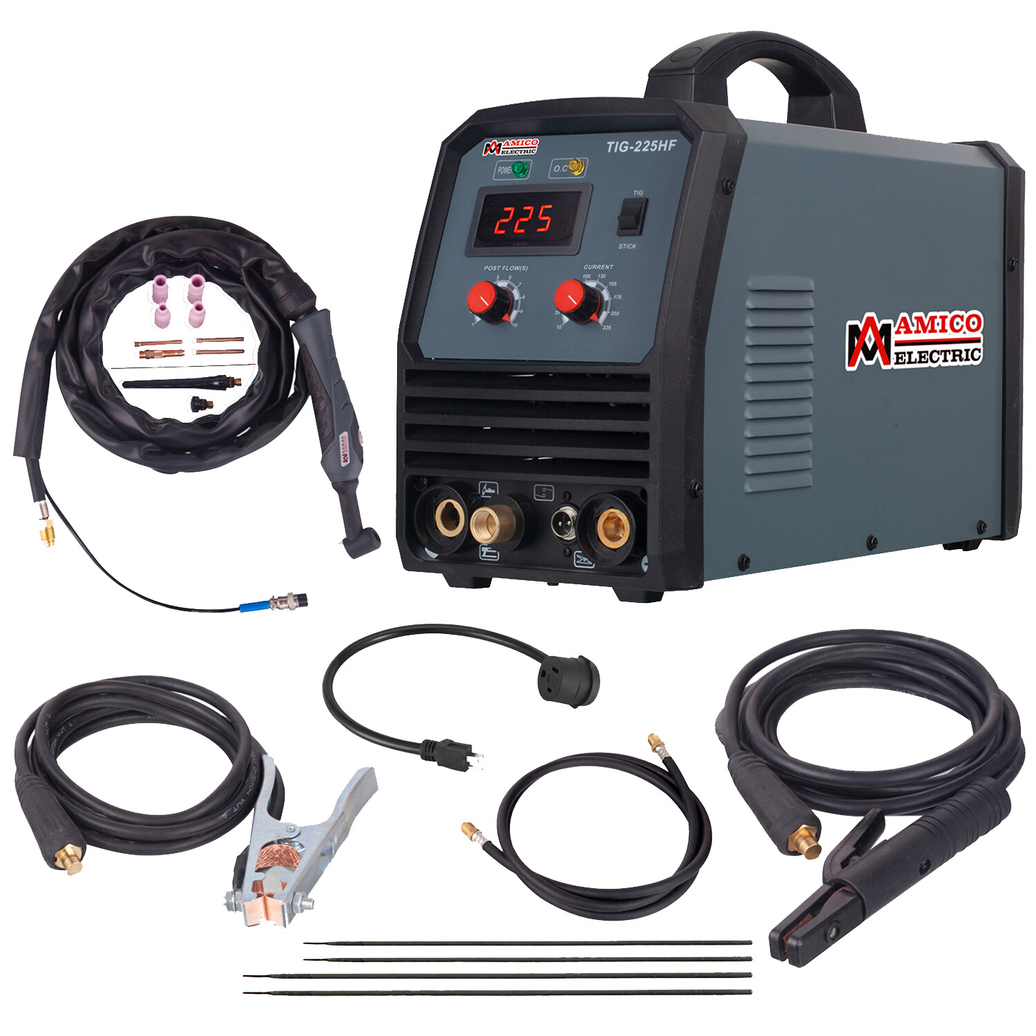 Amico TIG-225HF, 225-Amp HF-TIG Arc Stick DC Welder, 100% Start, 80% Duty Cycle.