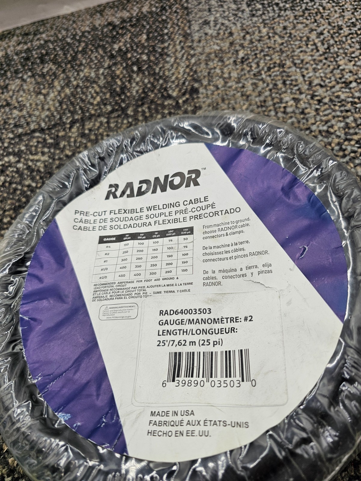 RADNOR 64003503: #2 Gauge Black Pre-Cut Flexible Welding Cable 25 ft.