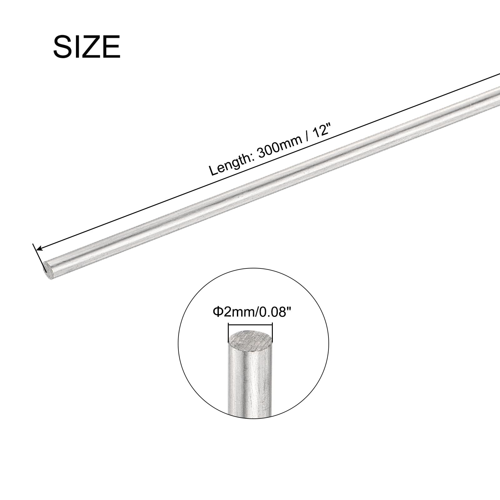 uxcell 2mm x 300mm Stainless Steel Round Rod, Metal x 300mm, silver tone