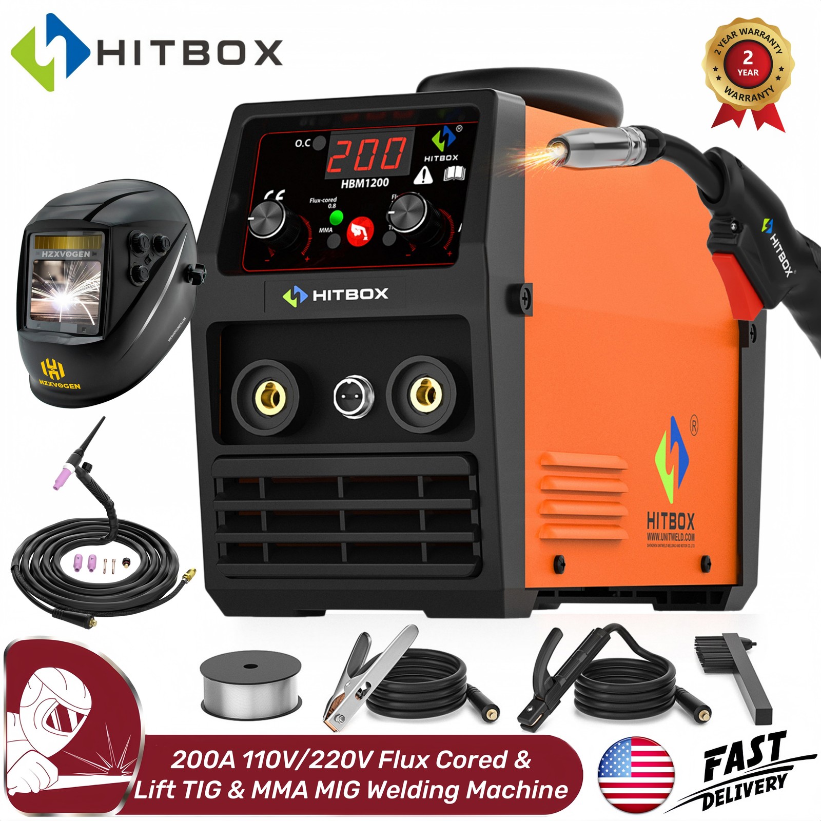 3in1 HBM1200 MIG TIG Welder No Gas Inverter 110/220V DC ARC TIG &Welding Helmet