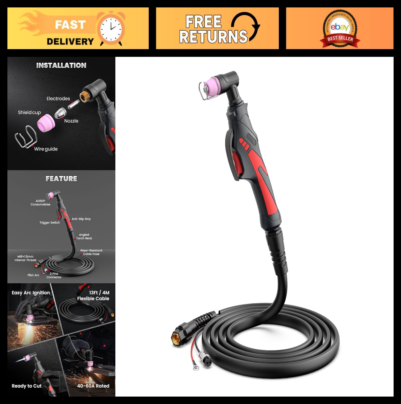 High-Frequency Plasma Cutting Torch AG60P 4M for BTC500DP BTC650DP CUT55P – Red