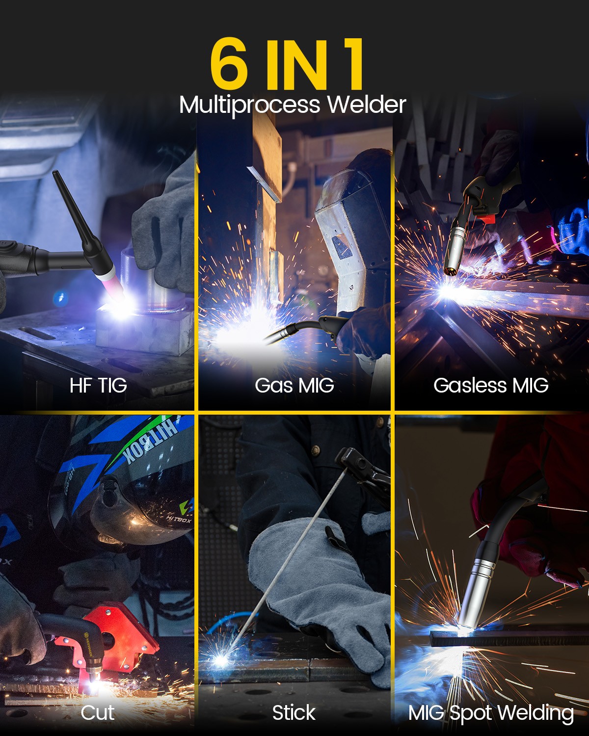 HZXVOGEN 6IN1 MIG Welder Aluminum 2T/4T Gas/Gasless MIG HF TIG MMA Plasma Cutter