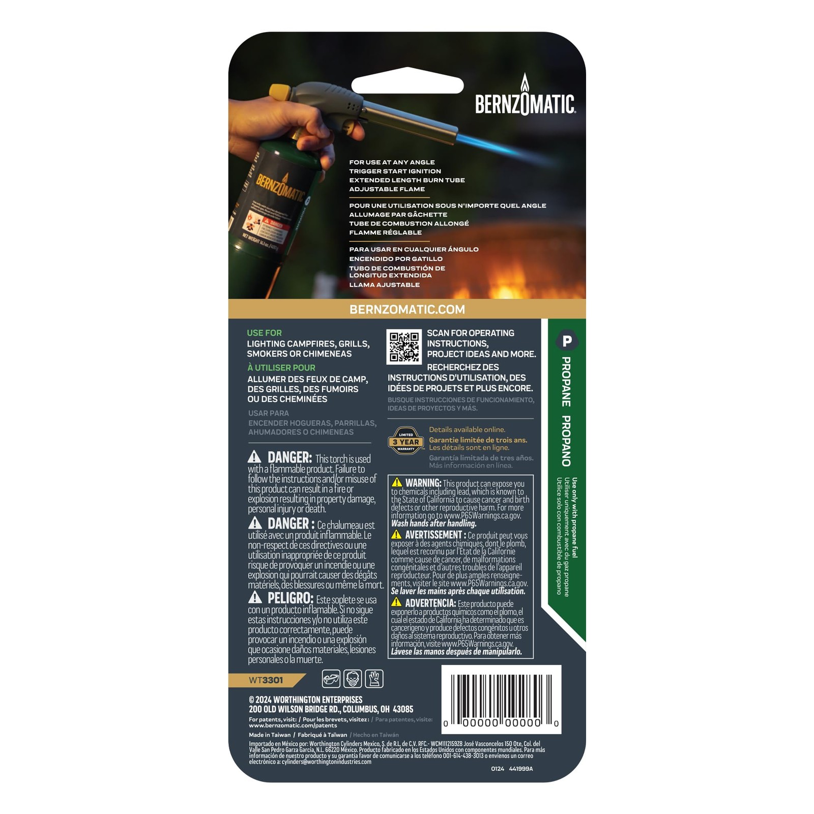 Bernzomatic QuickFire Outdoor Torch, High Output, Black, Gold, Sliver