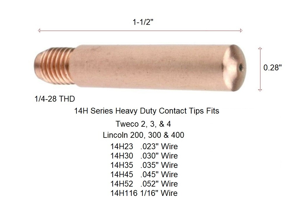 MIG 14H52 .052″ Welding Contact Tips HD for Tweco & Lincoln 200-400 PK of 25