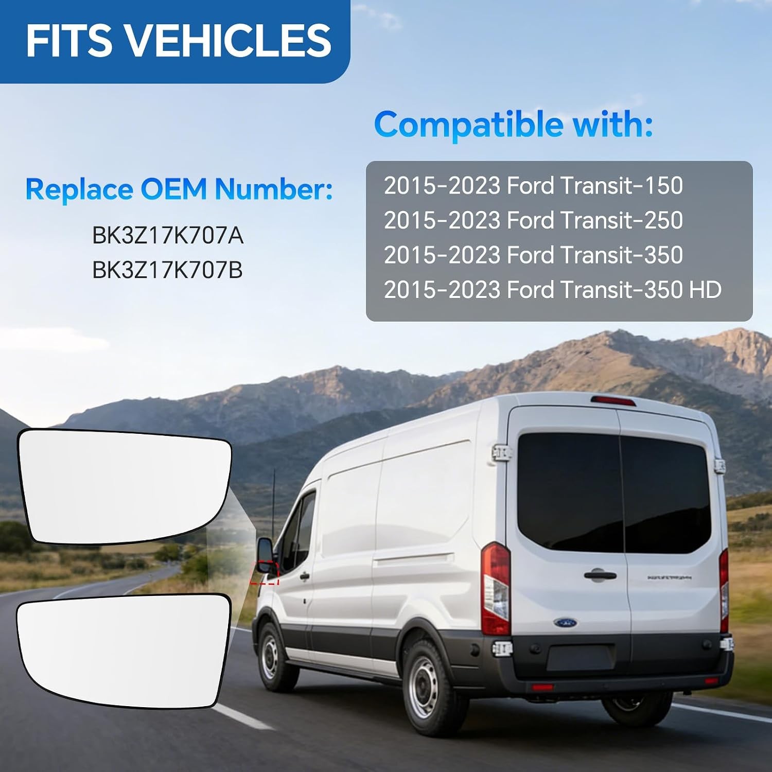 Lower Left and Right Side Mirror Glass Replacement for Ford Transit 150 250 350