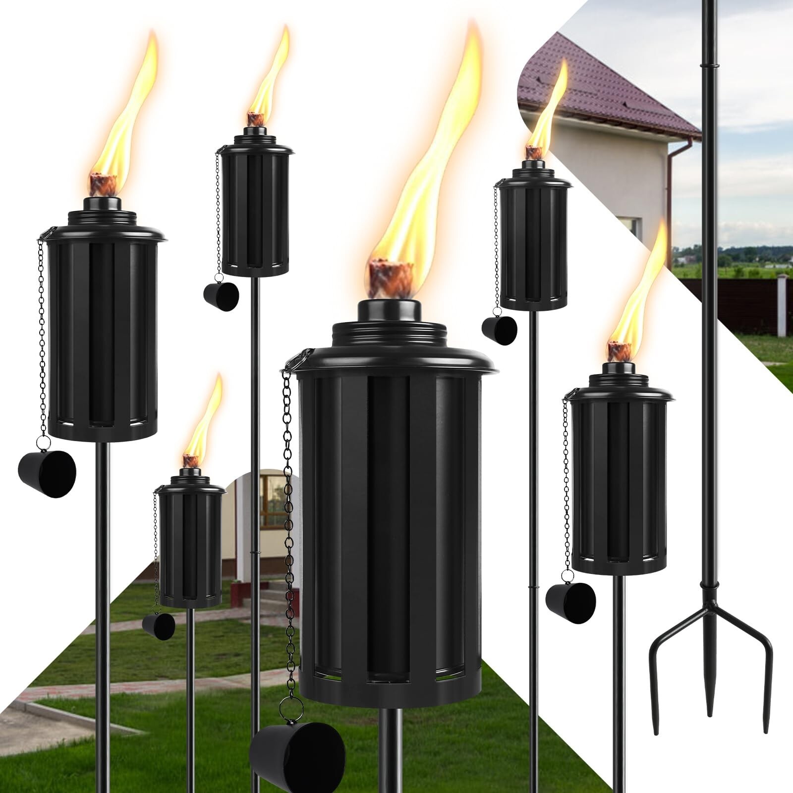 Citronella Torches Set of 6, 16 oz Garden Torches for Outside, 3-Prong Ground…