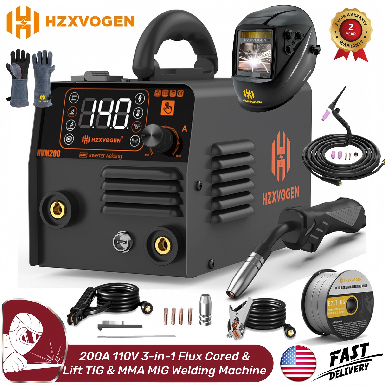 HZXVOGEN 3in1 MIG Welder 200Amp Flux Core MIG/Lift TIG/MMA Welding Machine 110V