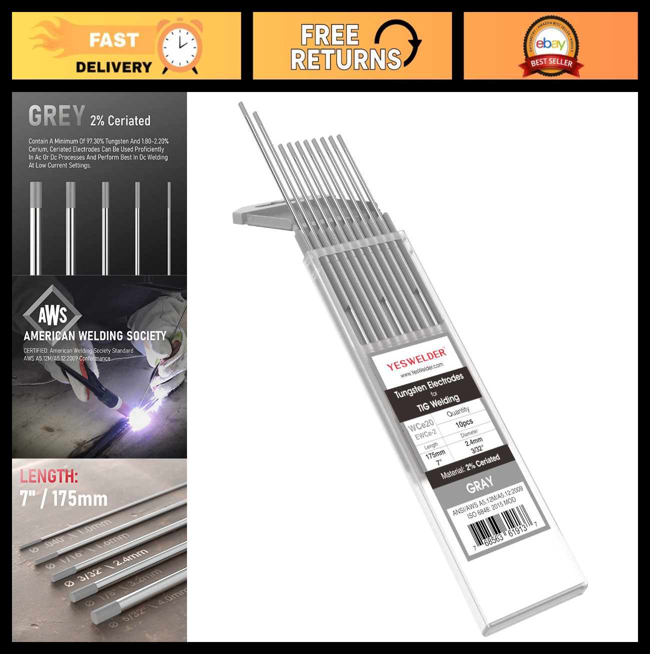 TIG Welding Tungsten Electrode 2% Ceriated 3/32″ x 7″ – 10 Pack, High Performanc