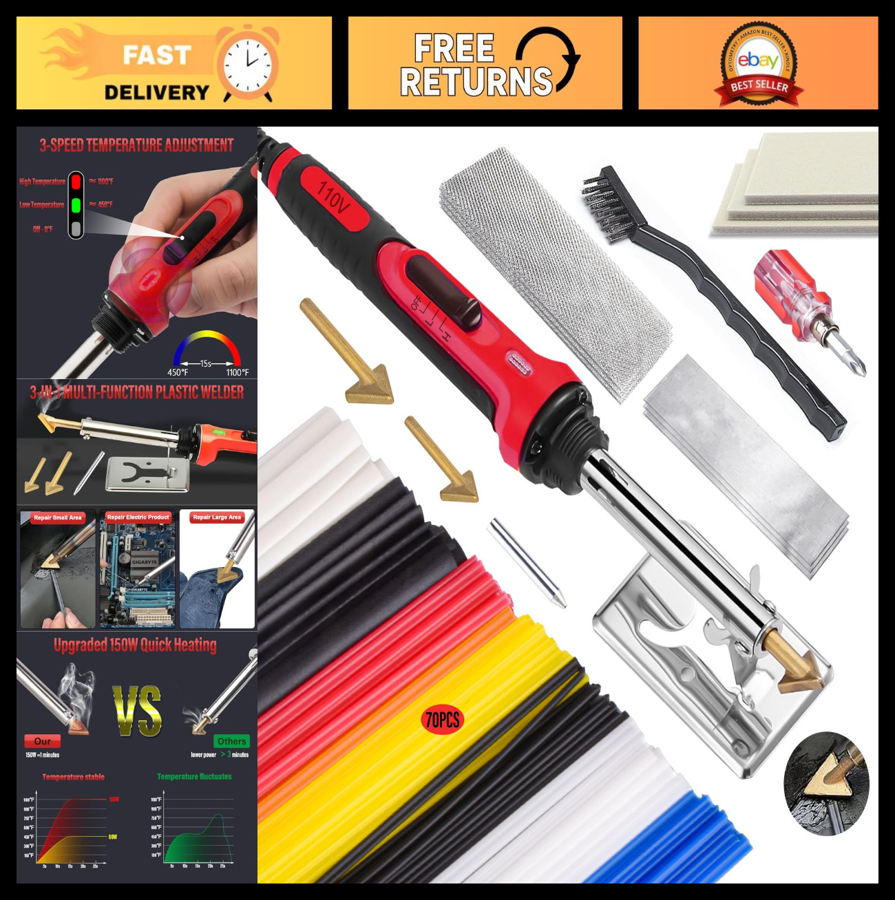 150W Plastic Welding Kit – 3-Speed Temp Control, 70pcs Rods & Tips, Portable Rep