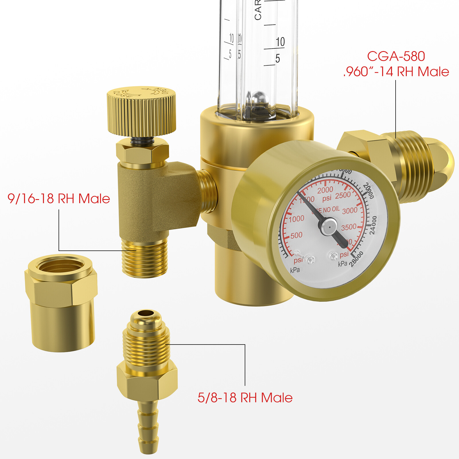 CO2 Argon Gas Regulator, flow meter regulator with 8ft Gas Hose for MIG TIG
