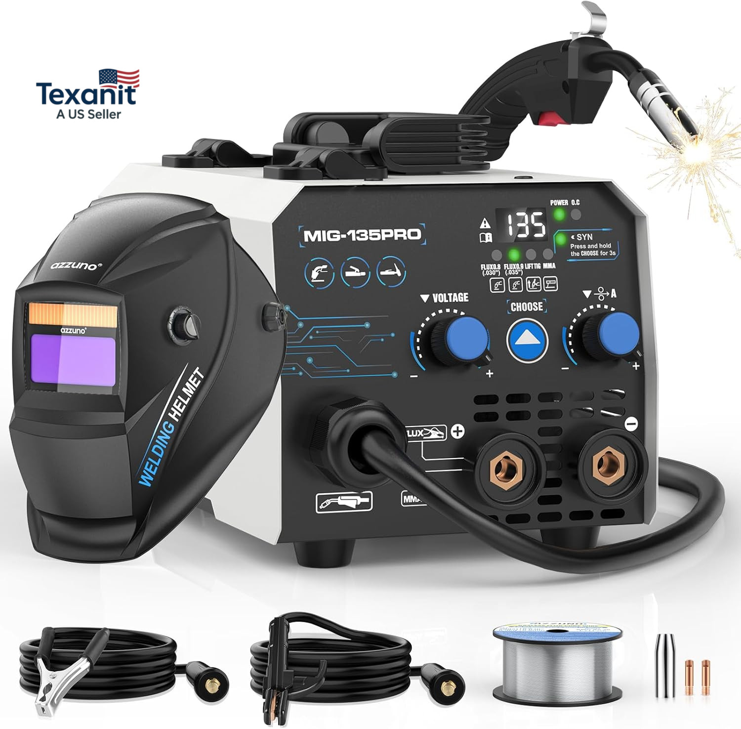 Flux MIG Welder 135A with Auto Darkening Welding Helmet, 110V 3 in 1 Welder Mach