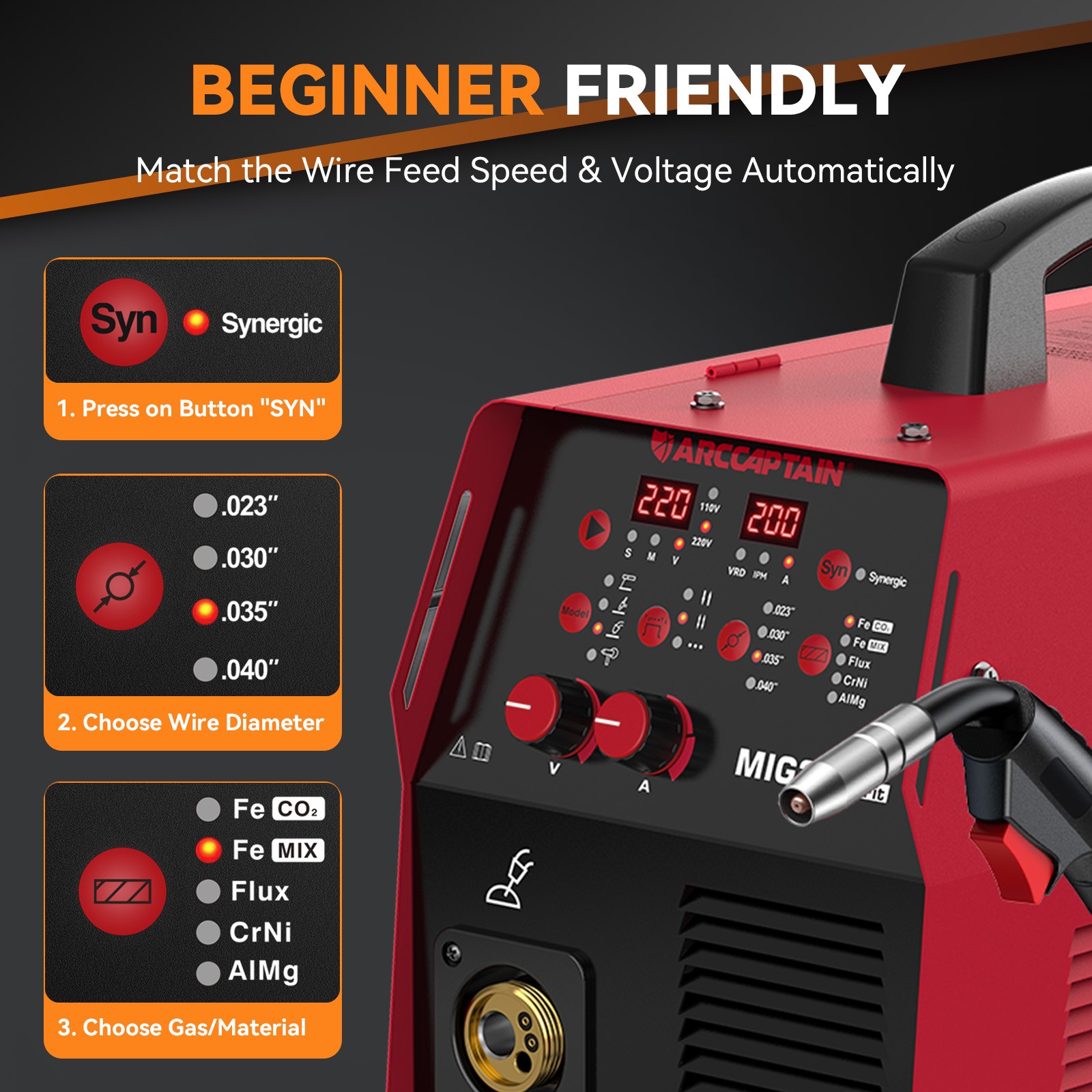 ARCCAPTAIN 6-in-1 Aluminum MIG Welder, 200A Flux Core MIG/Gas MIG/Lift TIG