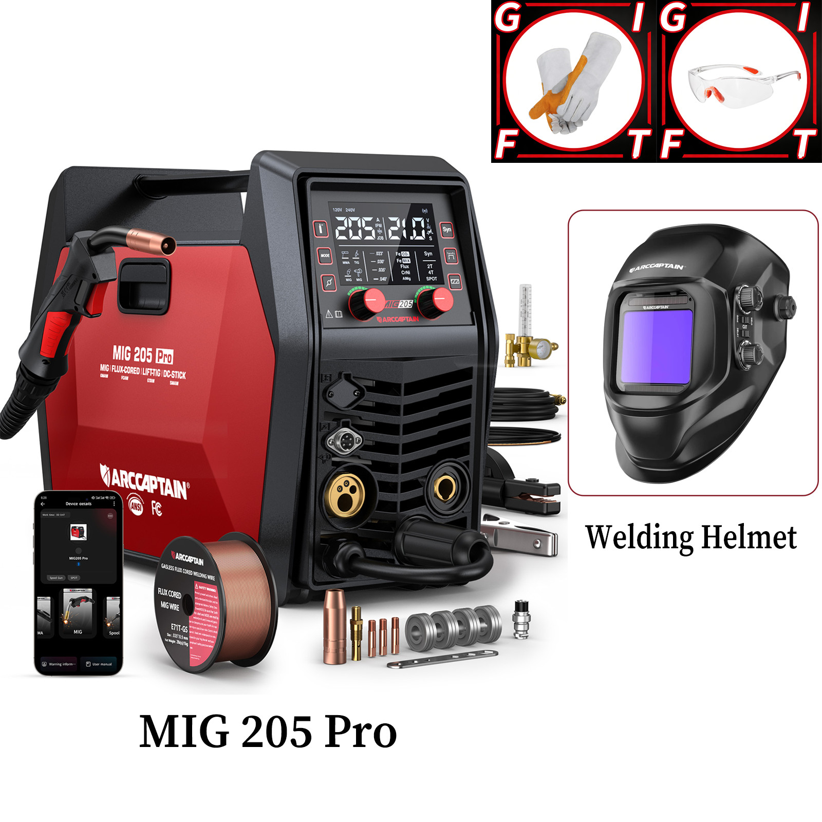 ARCCAPTAIN iControl MIG205 Pro MIG Welder 6 in 1 Gas/Gasless MIG/MMA/TIG/Spot US