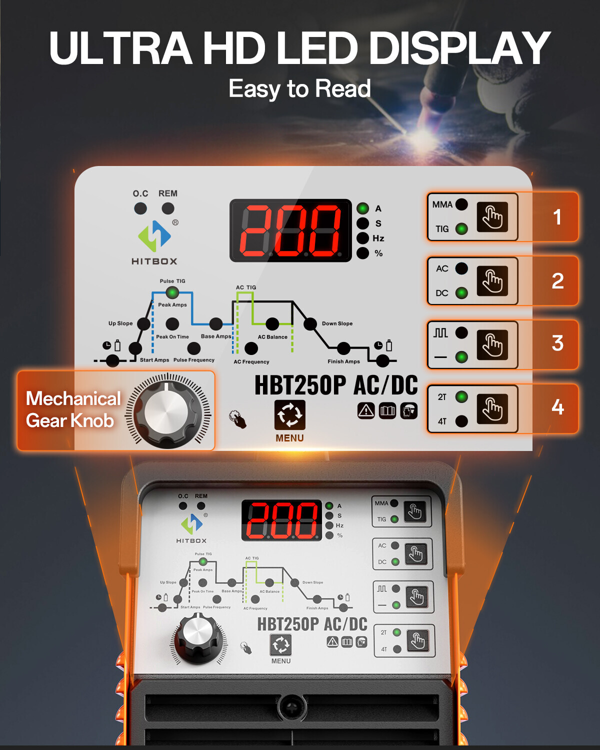 HITBOX 200A 6 IN1 AC/DC TIG Aluminum Welder with Remote Control Foot Pedal,220V