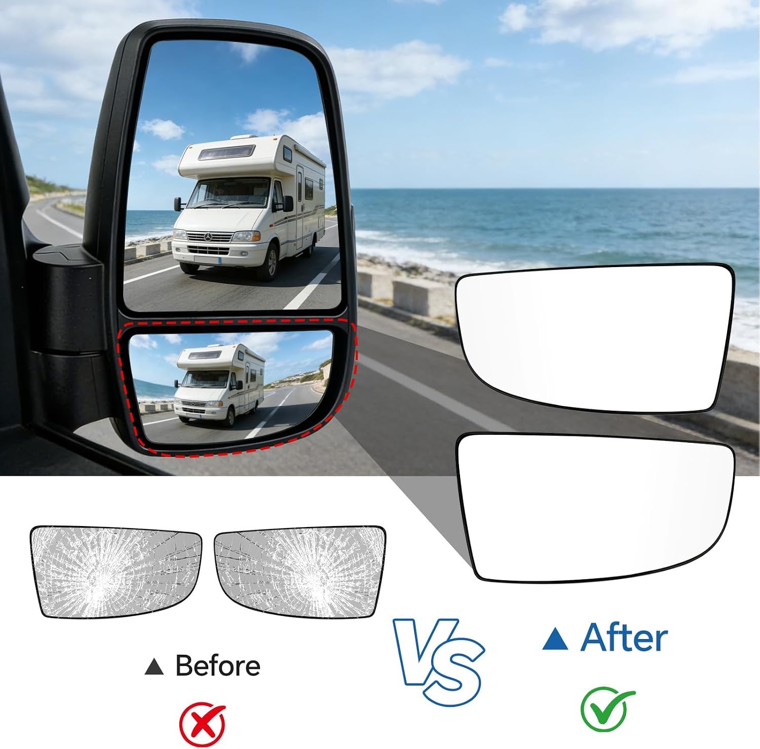 Lower Left and Right Side Mirror Glass Replacement for Ford Transit 150 250 350