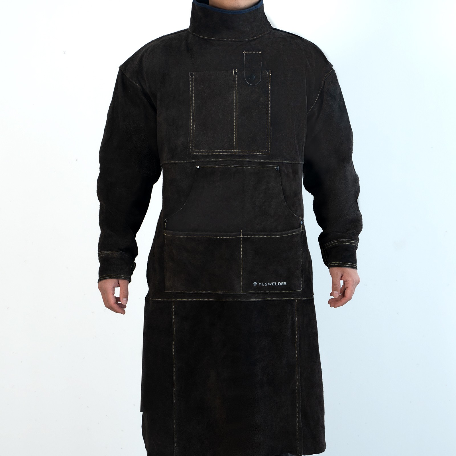 Heat Resistant Leather Welding Apron with Sleeve & 6 Pockets, Brown