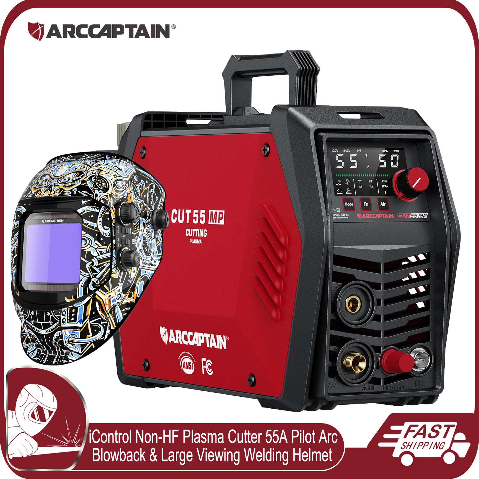 ARCCAPTAIN iControl Non-HF Plasma Cutter 55A Pilot Arc+Large View Welding Helmet