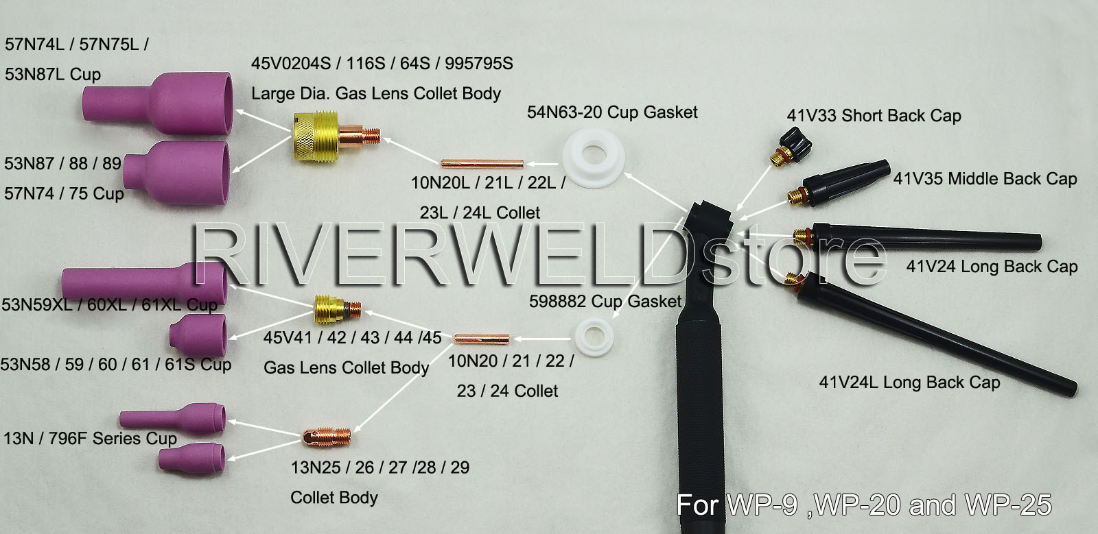 TIG Gas Lens Collet Body Assorted Size kit TIG Welding Torch SR WP 9 20 25 63pcs
