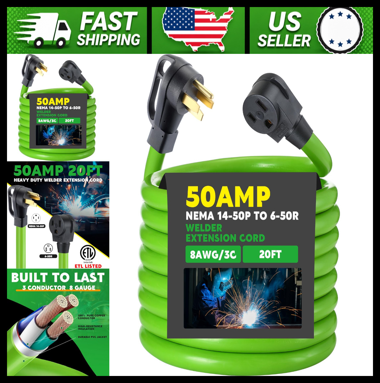 NEMA 14-50P to 6-50R Welder Adapter Cord 20 FT 8AWG 50Amp Welder Extension Cord