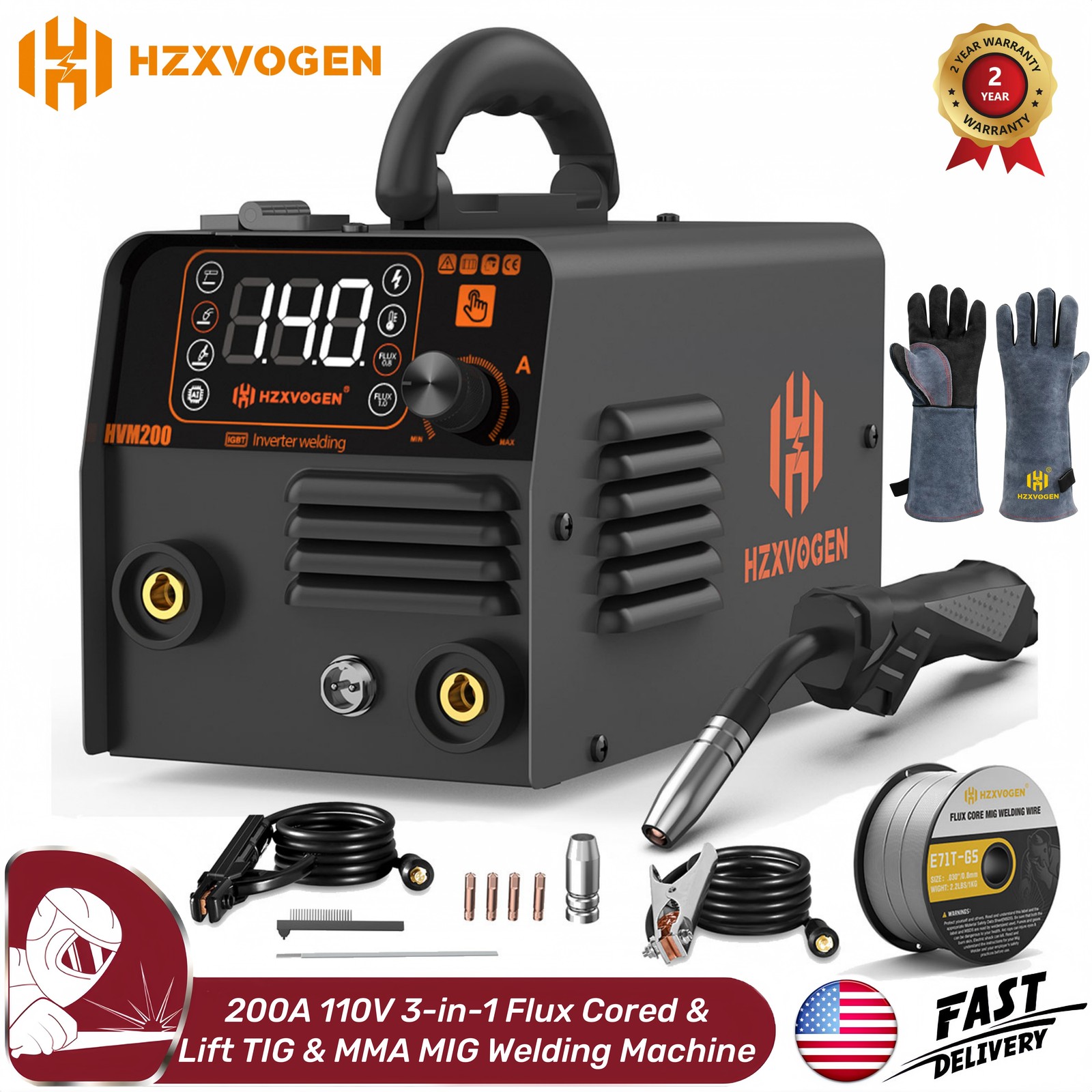 200A Gasless MIG Welder Flux MIG/Lift TIG/MMA 110V Inverter IGBT Welder +Gloves