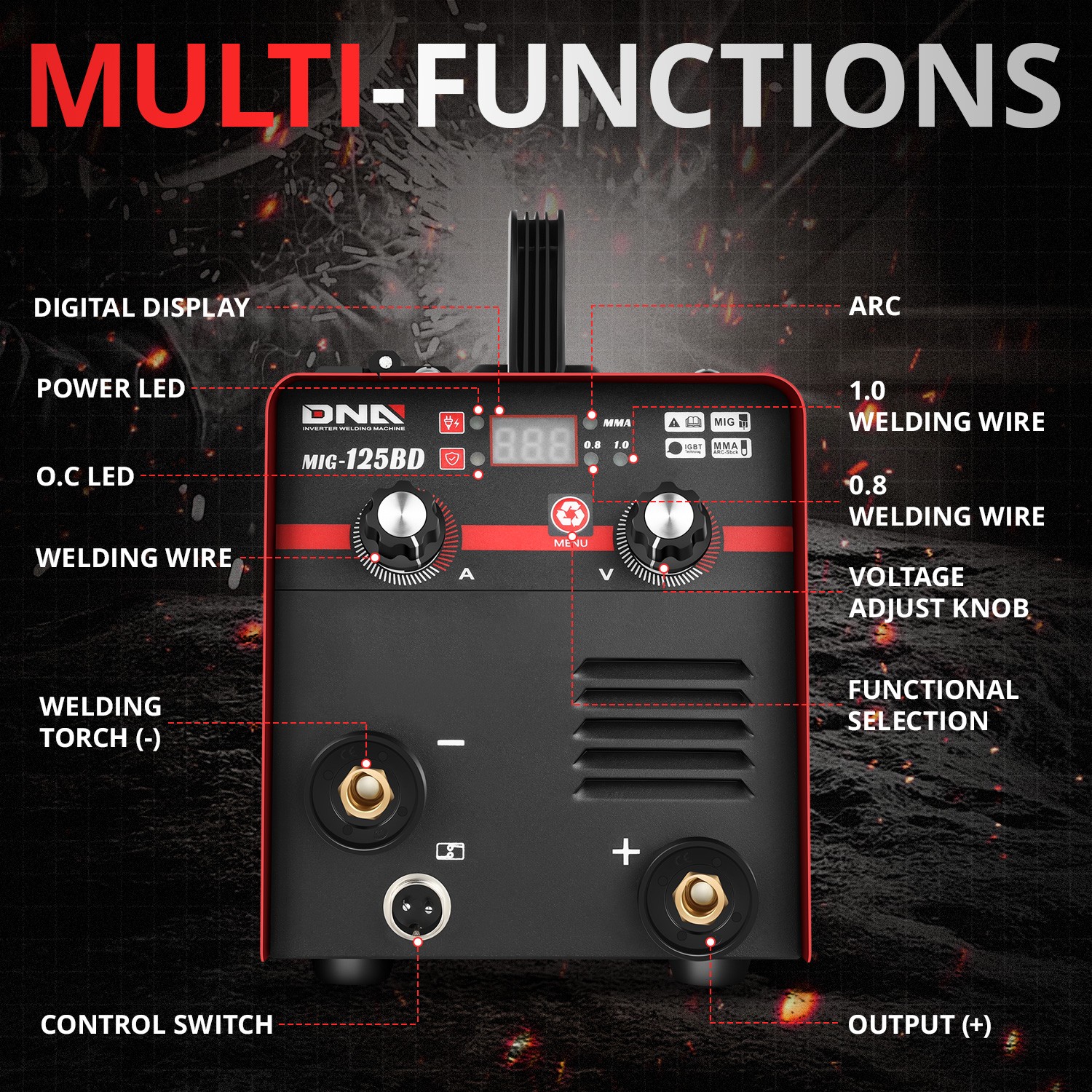 3-IN-1 for Various Metal Materials Lightweight TIG/MMA/MIG-Welder Machine Red