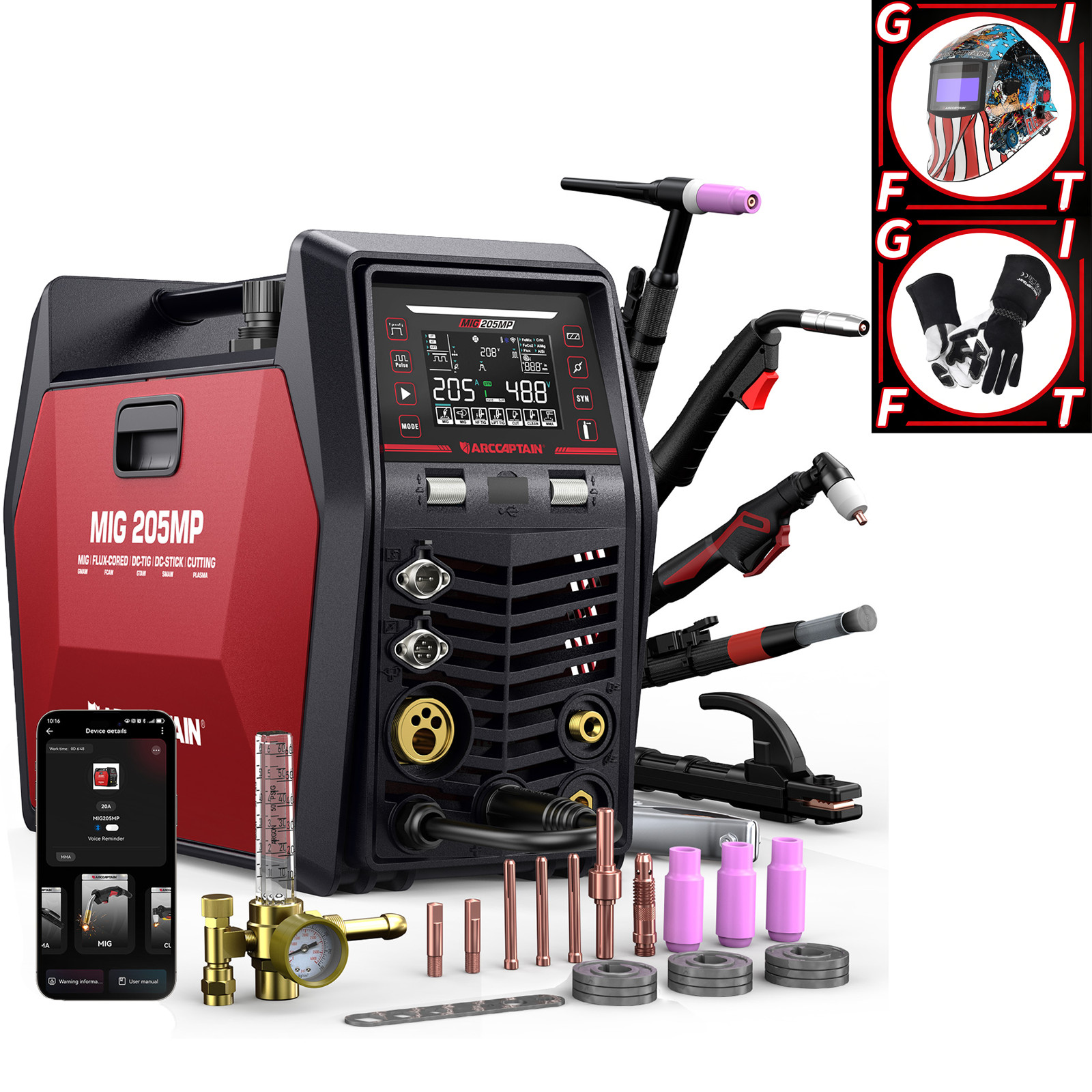ARCCAPTAIN iControl MIG205MP 9 IN 1 Pulse MIG Welder Plasma Cutter Multiprocess