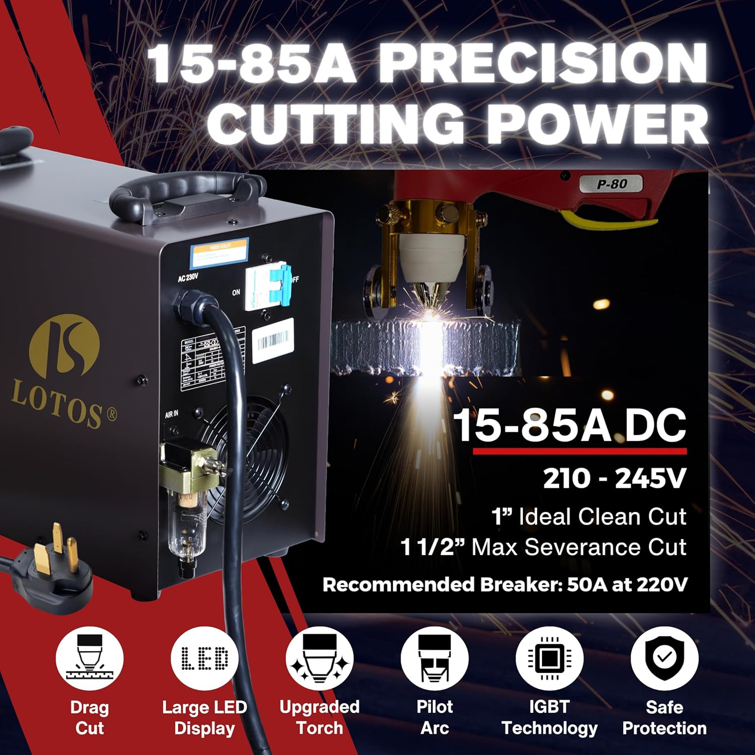 LTP8500 | 85A HF Pilot Arc Plasma Cutter, Drag-Cut Enabled, 1″ Clean (1.5″ Sever