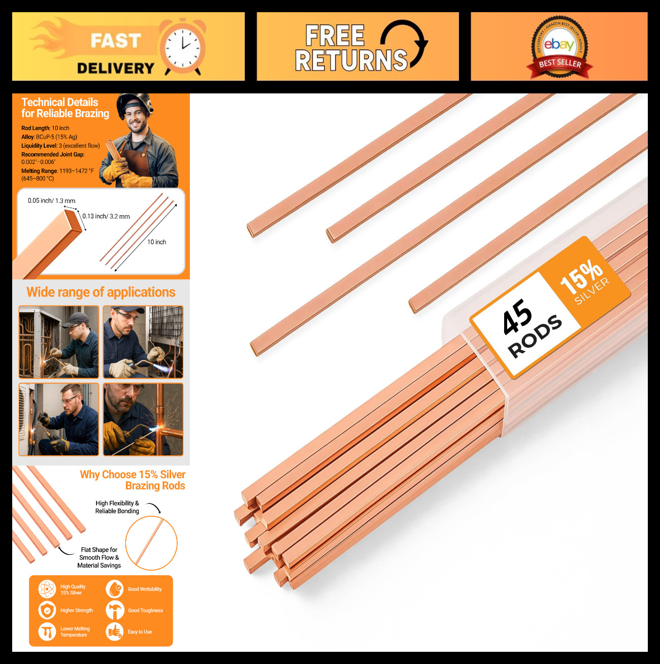 45pcs 15% Silver Brazing Rods, Phos Copper Welding Alloy 0.050″x1/8″x10″ for HVA