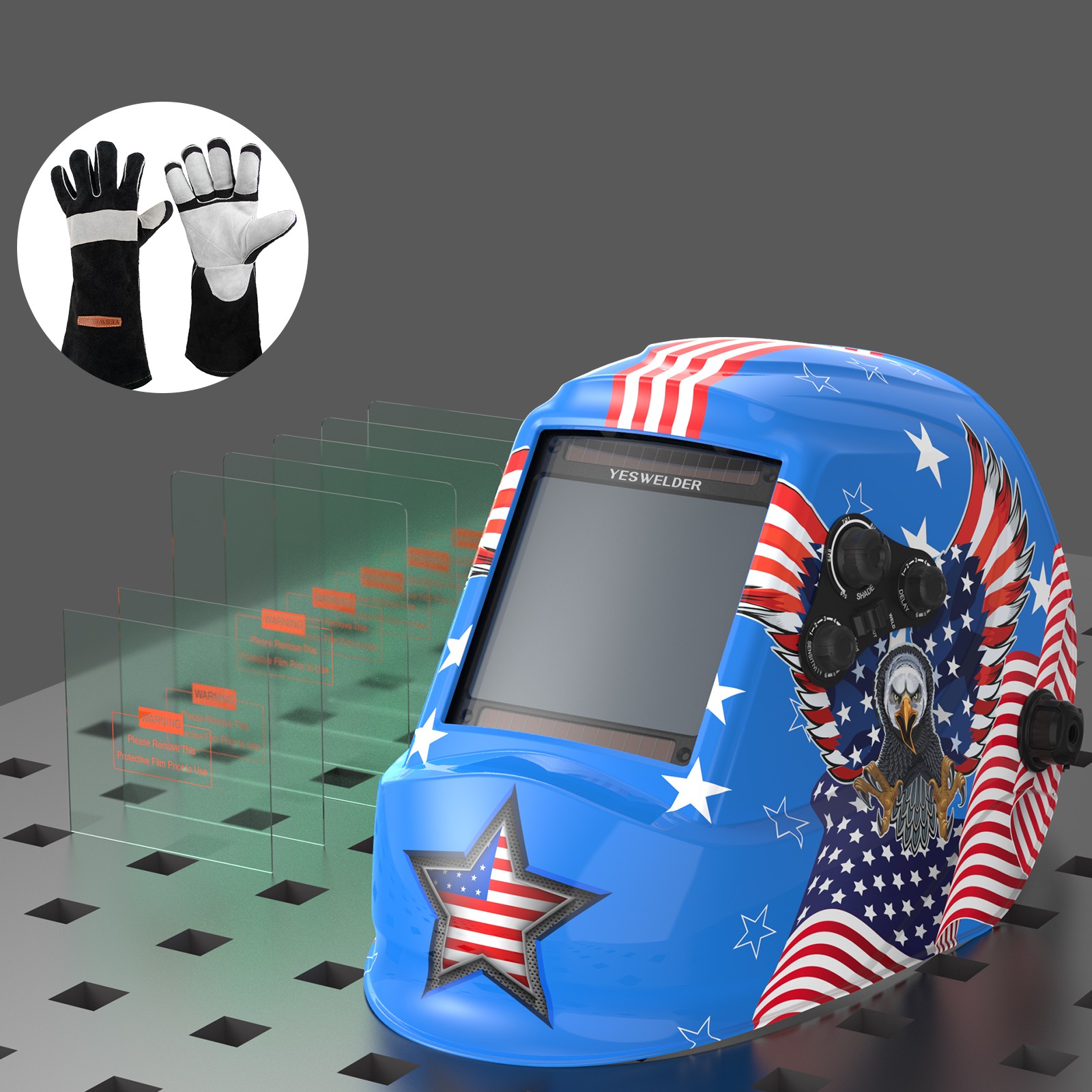 Auto-Darkening Welding Helmet 1/1/1/1 4Sensor TIG MIG ARC + Lens + Gloves