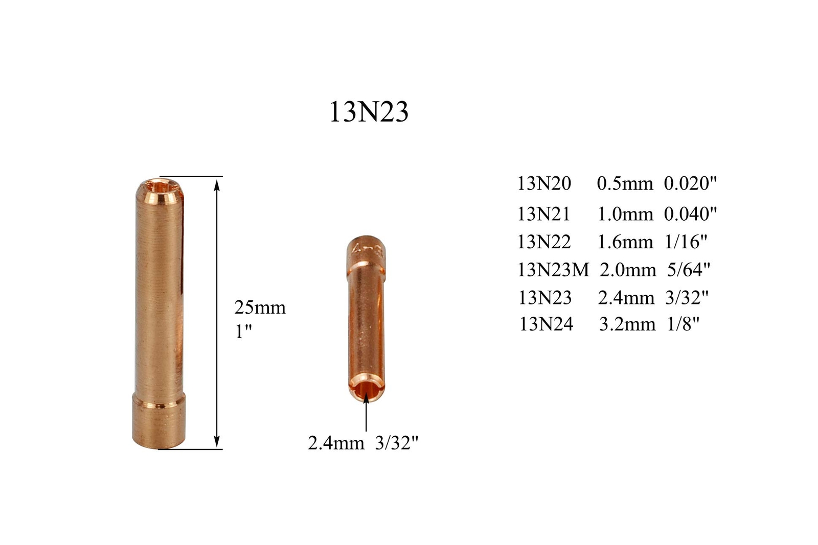 TIG Collet Body 13N28/23 3/32″ 2.4mm Fit WP 9 20 25 Torches 15 Pk