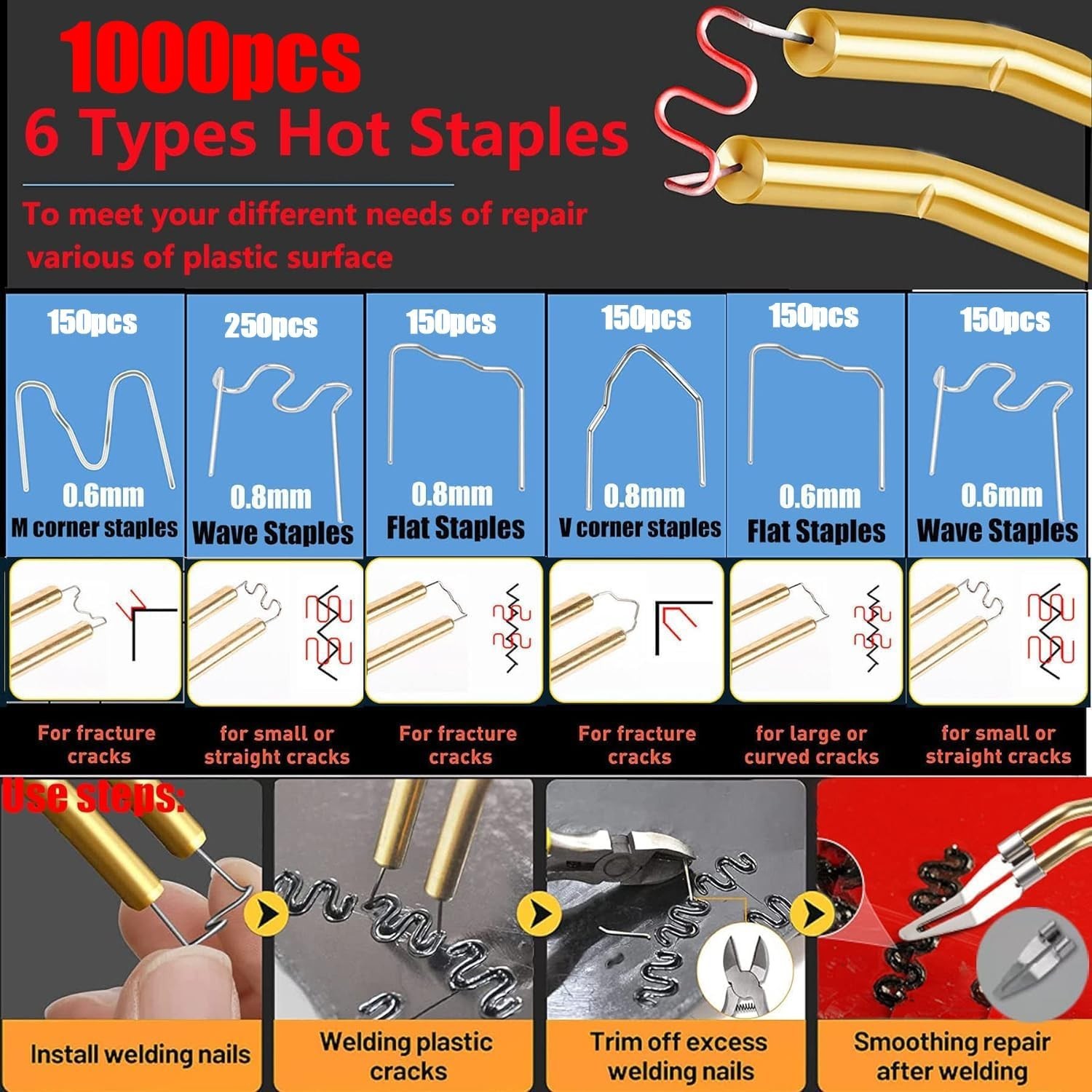220W Plastic Welder Kit Hot Stapler Bumper Repair Gun 1000 Staples 100 Rods 2in1