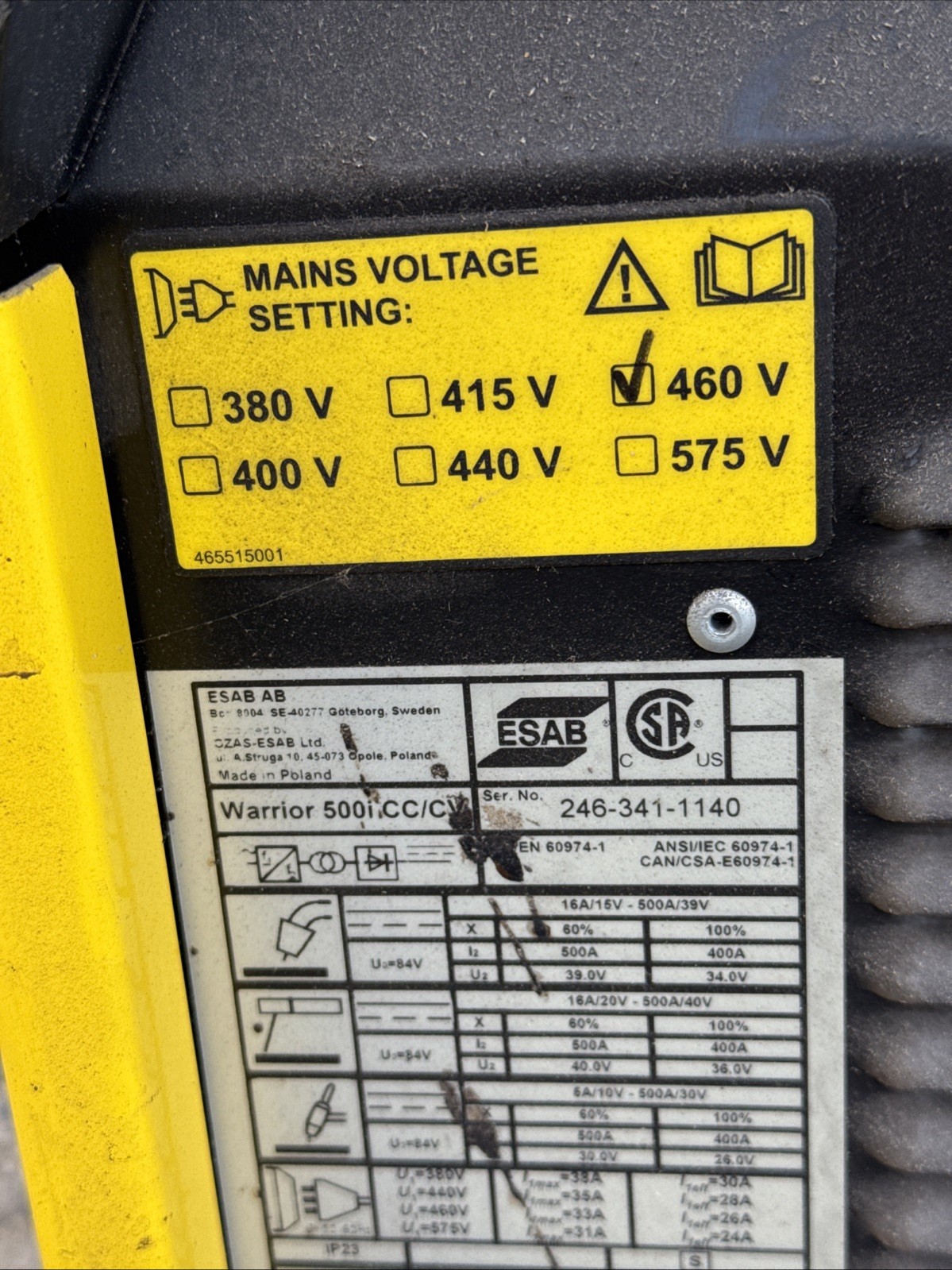 ESAB Warrior 500i CC/CV Welder 460V 3-Phase MIG TIG Stick Tested
