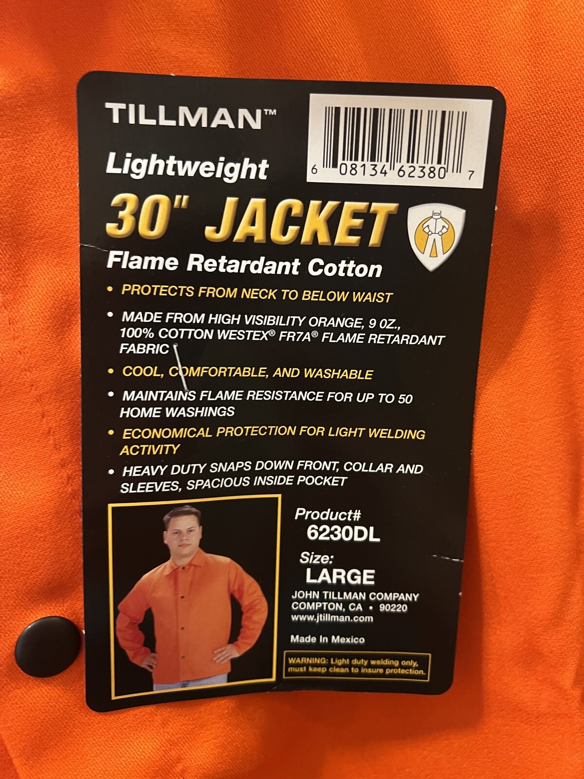 Tillman Lightweight High Vis Orange Flame Retardant Cotton Jacket Large