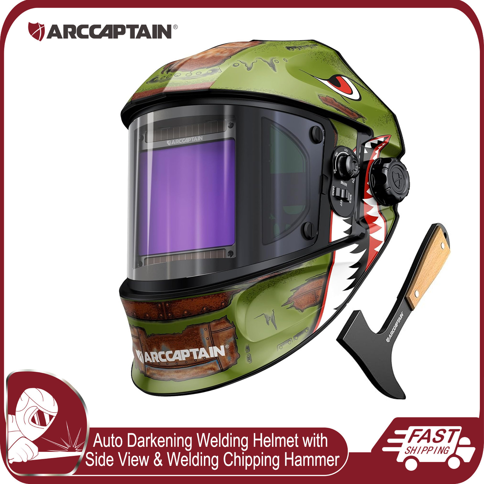 ARCCAPTAIN Welding Helmet Auto Darkening Side View 180° Panoramic+Welding Hammer