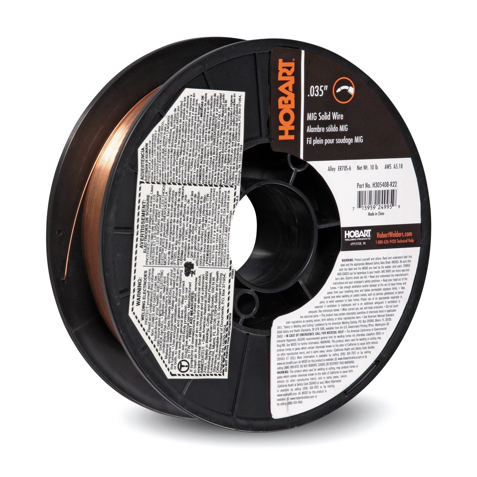 Hobart ER 70S6 MIG Wire .035 X 10 Lb (8″) Spool